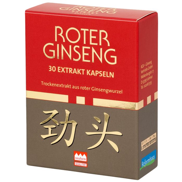 Rote Ginseng Extrakt Kapseln in roter und brauner Schachtel. Aufschrift: Roter Ginseng, 30 Extrakt Kapseln. Trockenextrakt aus roter Ginsengwurzel.