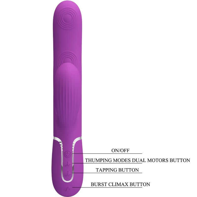 Lila Kaninchen-Vibrator mit Bedienelementen: An/Aus, Thumping Modes, Tapping, Burst Climax.