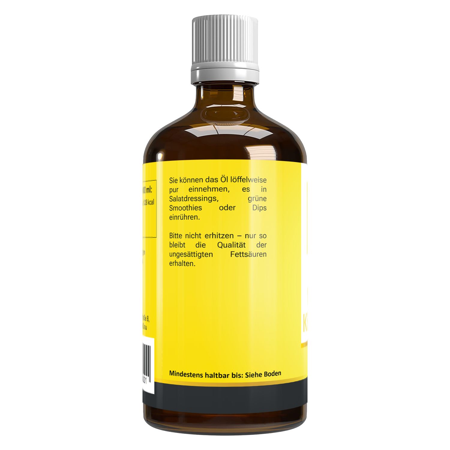 Rückseite der braunen Glasflasche. Gelbes Etikett mit Text. Aufschrift: Anwendungshinweise. Mindesthaltbarkeit.