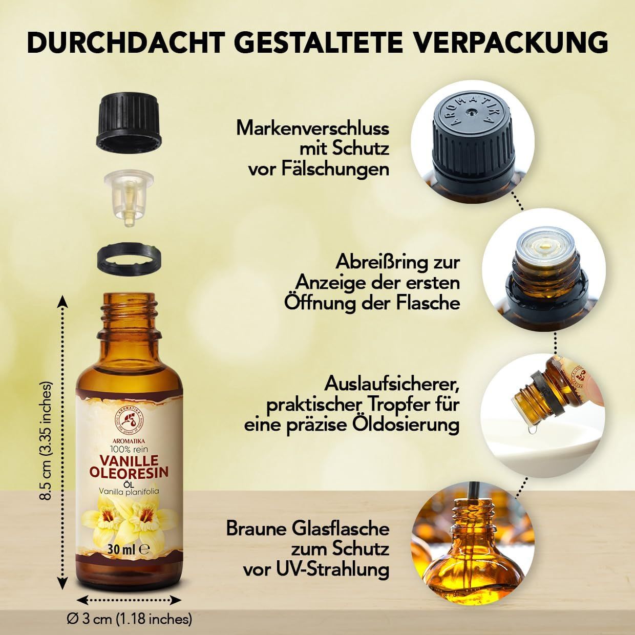 Vanille Oleoresin Öl, 30 ml, in Braunglasflasche mit Tropfer, detaillierte Verpackungsbeschreibung.