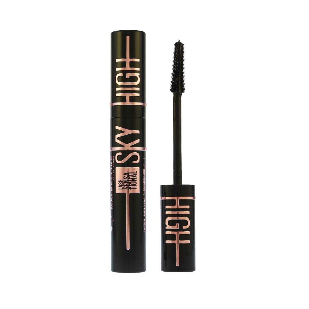 Maybelline Sky High Mascara in Schwarz, liegend, mit rosa Bürste.