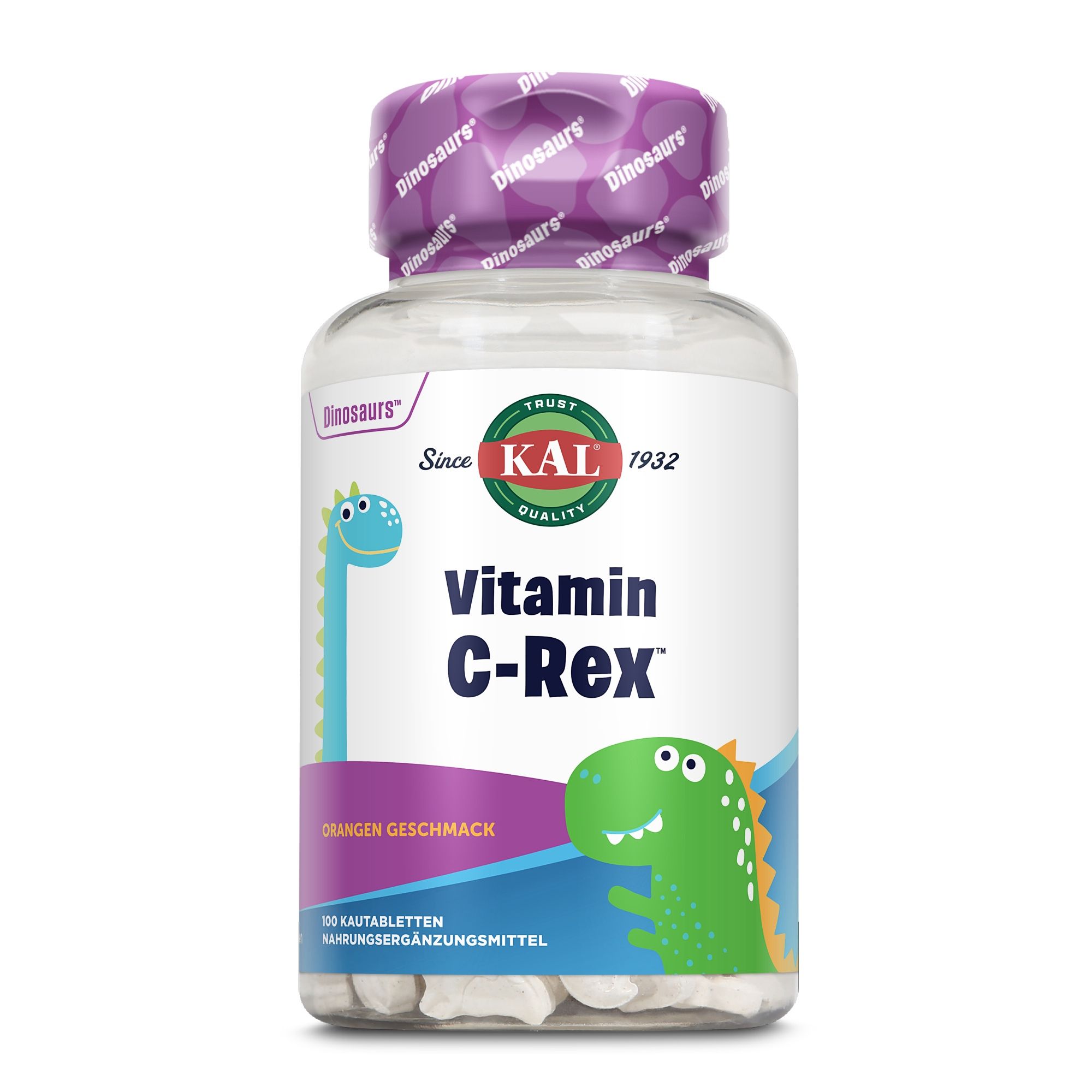 Klare Flasche mit Vitamin C-Rex Tabletten. Lila Deckel mit Dinosaurier-Motiv. Aufschrift: KAL, Vitamin C-Rex, Orangengeschmack.