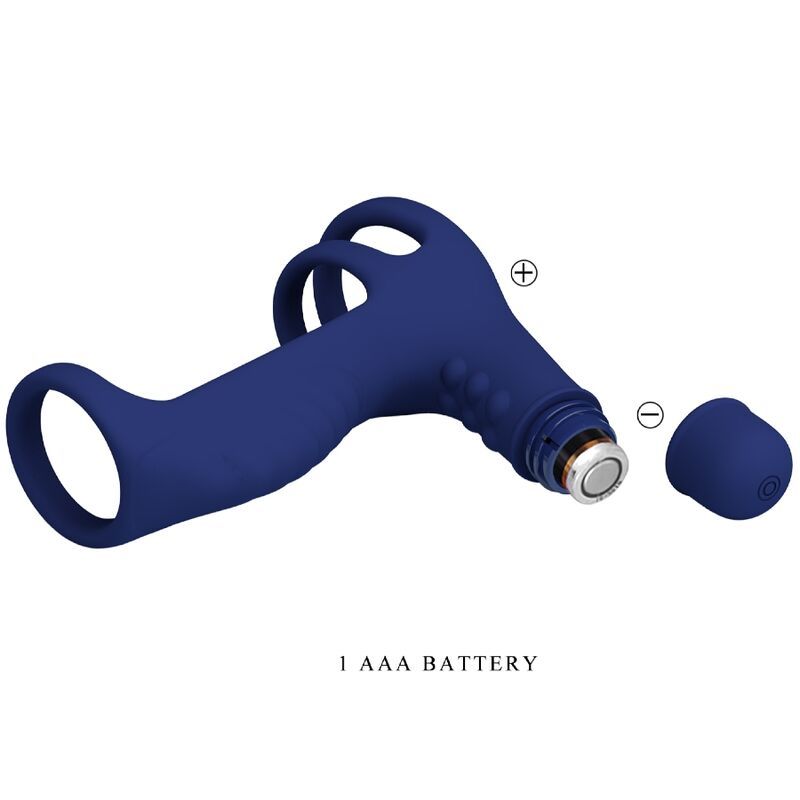 Blauer Vibrationsring mit Verlängerung. Batteriefach mit 1 AAA-Batterie.