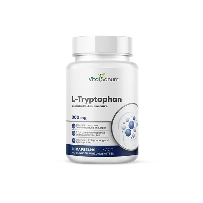 Weiße Flasche VitaSanum L-Tryptophan. Aufschrift: 300 mg, 90 Kapseln. Blaues und weißes Etikett mit Produktinformationen.