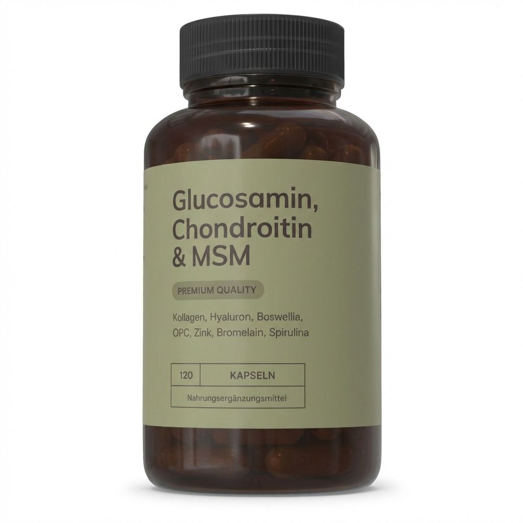 Braune Flasche mit Kapseln. Aufschrift: Glucosamin, Chondroitin & MSM. 120 Kapseln. Premium Quality.
