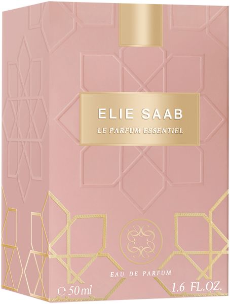 Rosa Verpackung für Elie Saab Le Parfum Essentiel Eau de Parfum mit Goldprägung.
