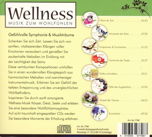 Rückseite der CD-Hülle "Wellness Musik zum Wohlfühlen" mit Trackliste und CD-Abbildungen.