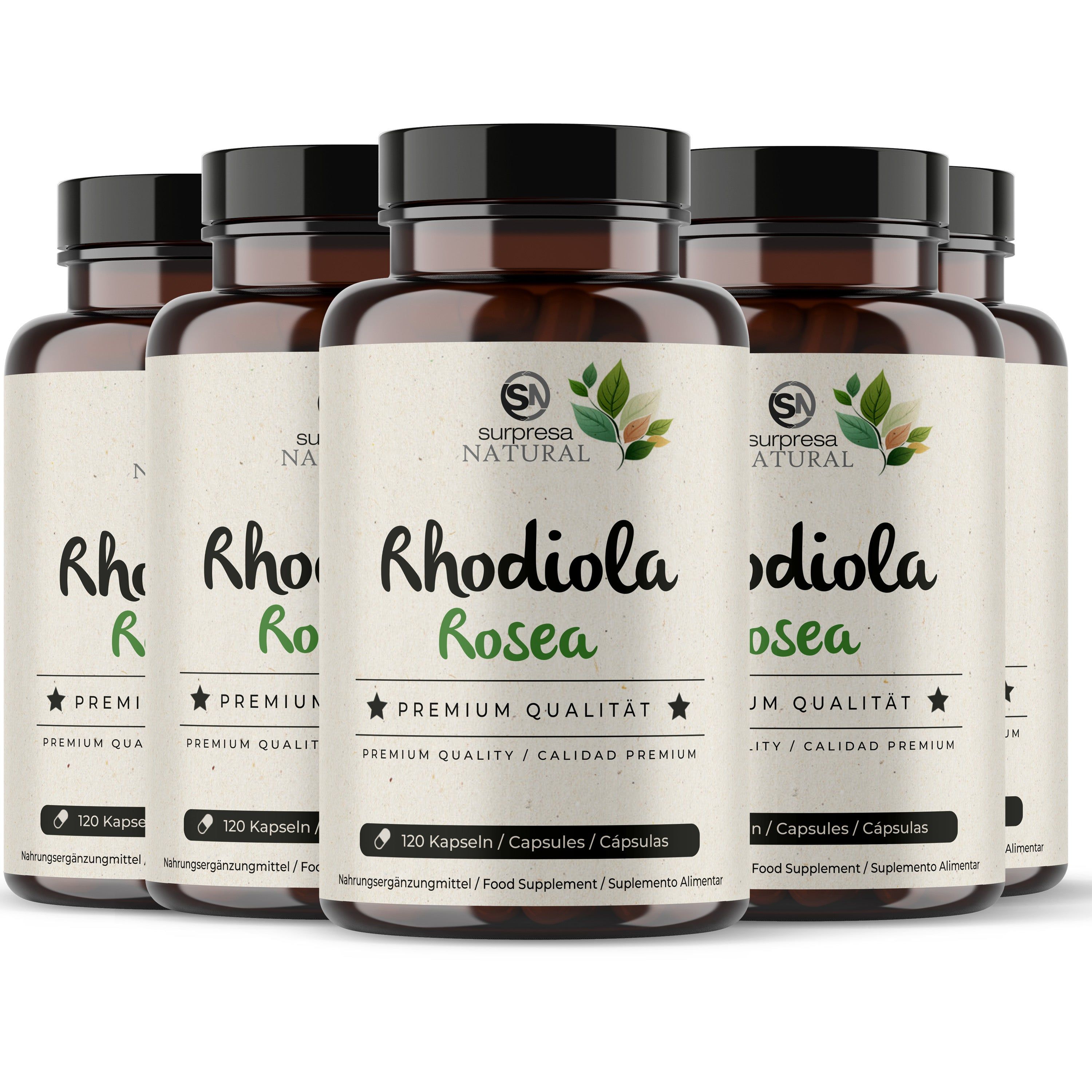 Fünf braune Flaschen mit Surpresa Natural Rhodiola Rosea Kapseln, je 120 Stück.