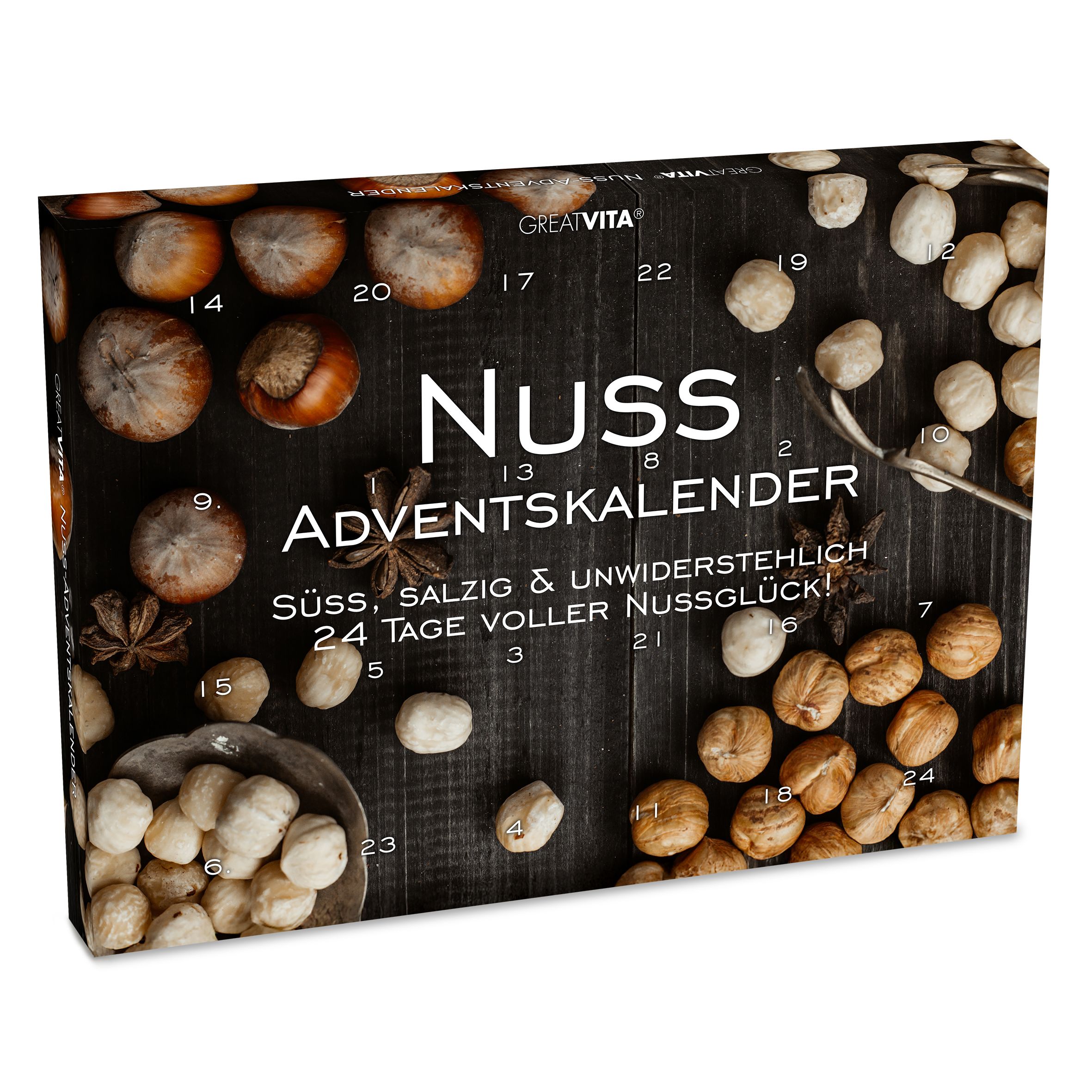 Adventskalender mit Nüssen. Schwarzer Hintergrund mit Nüssen und Sternanis. Text: Nuss Adventskalender, süß, salzig & unwiderstehlich.