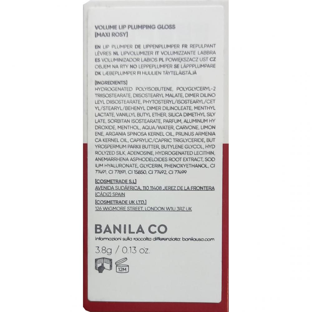 Verpackung für Volumen Lippen-Gloss, Maxi Rosy. Enthält Inhaltsstoffliste und Markennamen.