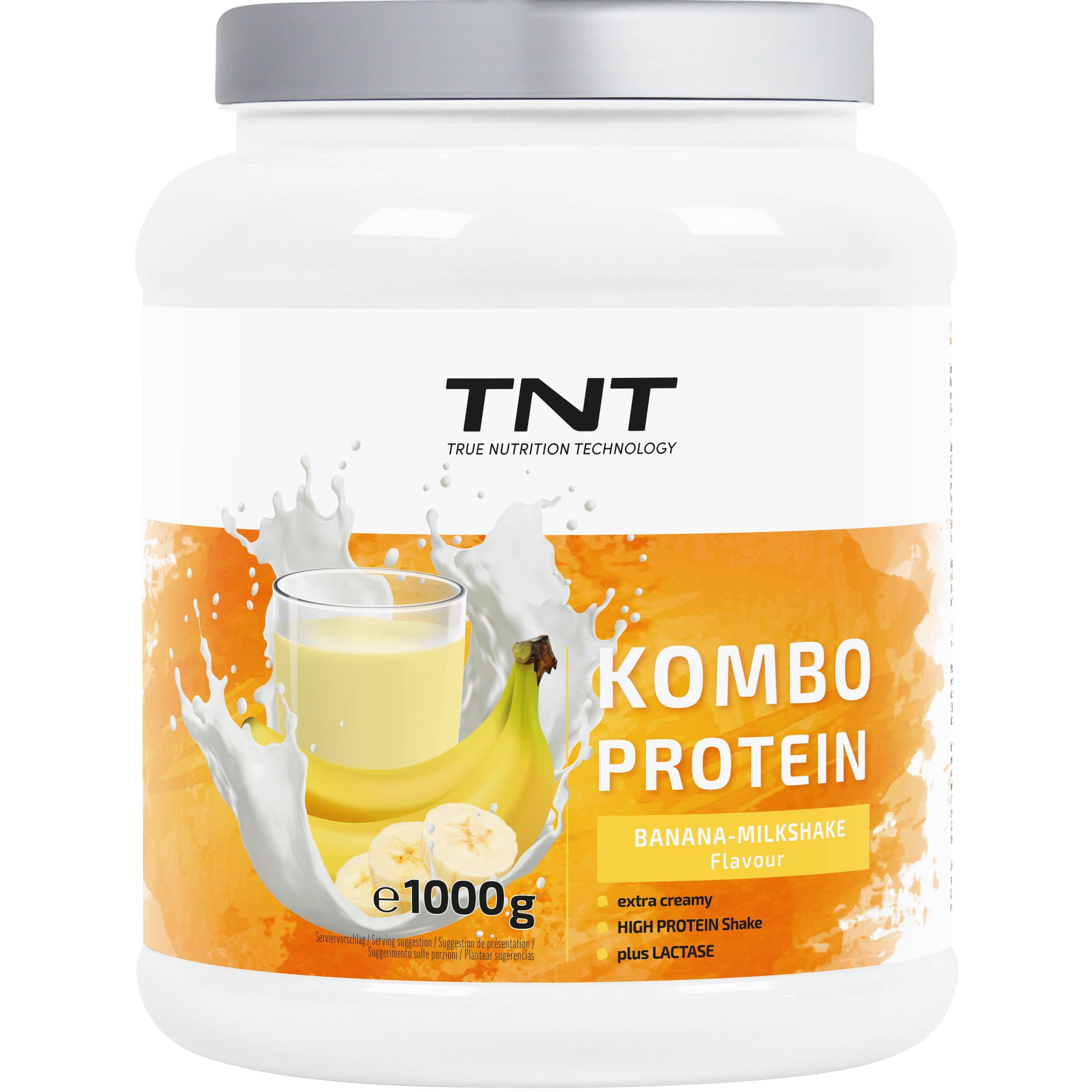 TNT Kombo Protein-Behälter. Bananen-Milchshake-Geschmack. Enthält 1000g. Mit Milchshake-Abbildung und Bananen.