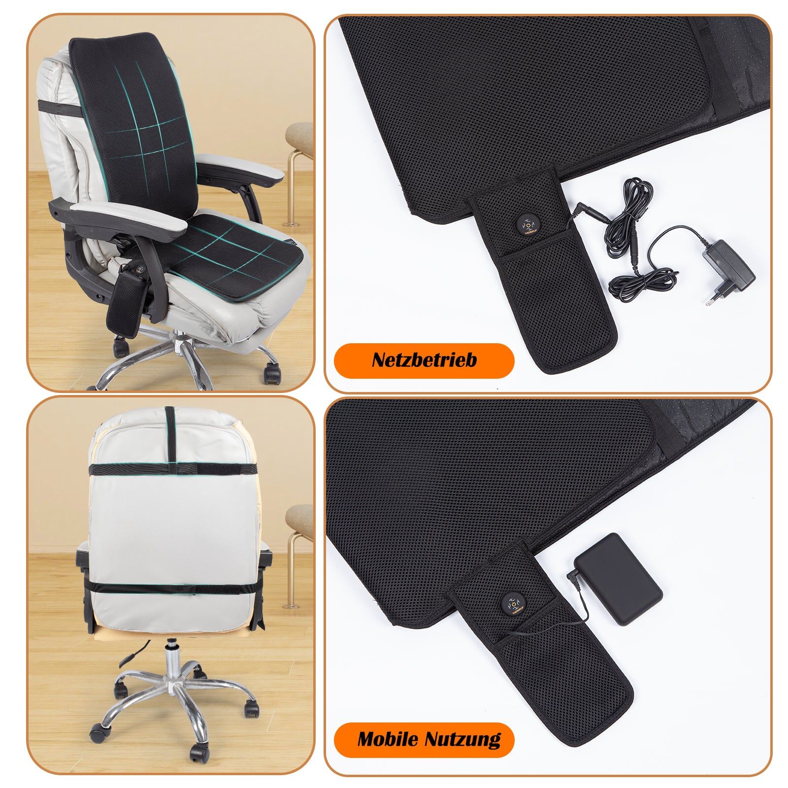 Schwarze Sitzauflage auf Bürostuhl. Details: Netzbetrieb, Akku-Betrieb, Netzteil, Akku-Tasche.
