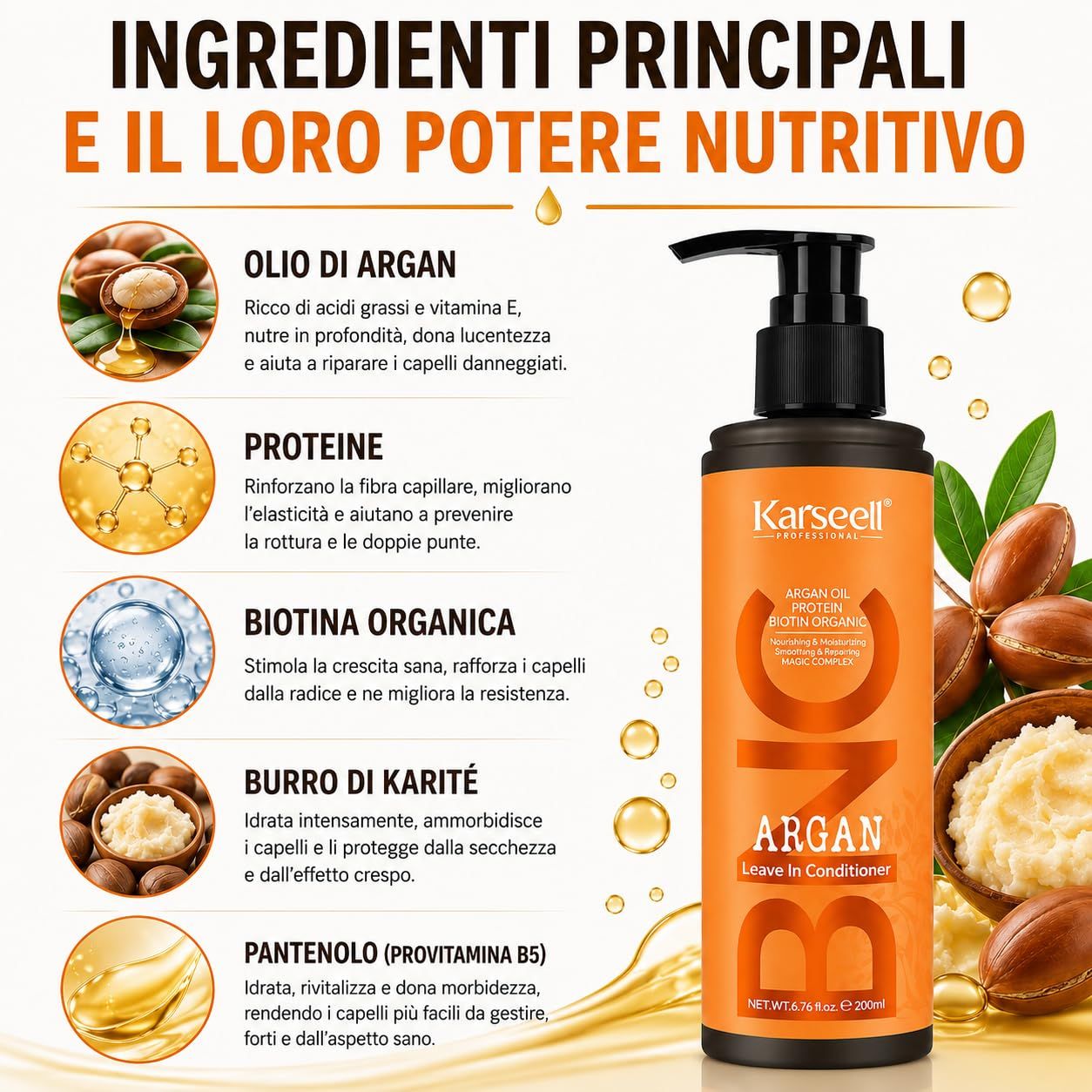 Eine orangefarbene Flasche Karaseell Argan Leave-In Conditioner mit Pumpspender. Daneben sind Arganfrüchte und eine Schüssel mit Sheabutter abgebildet.