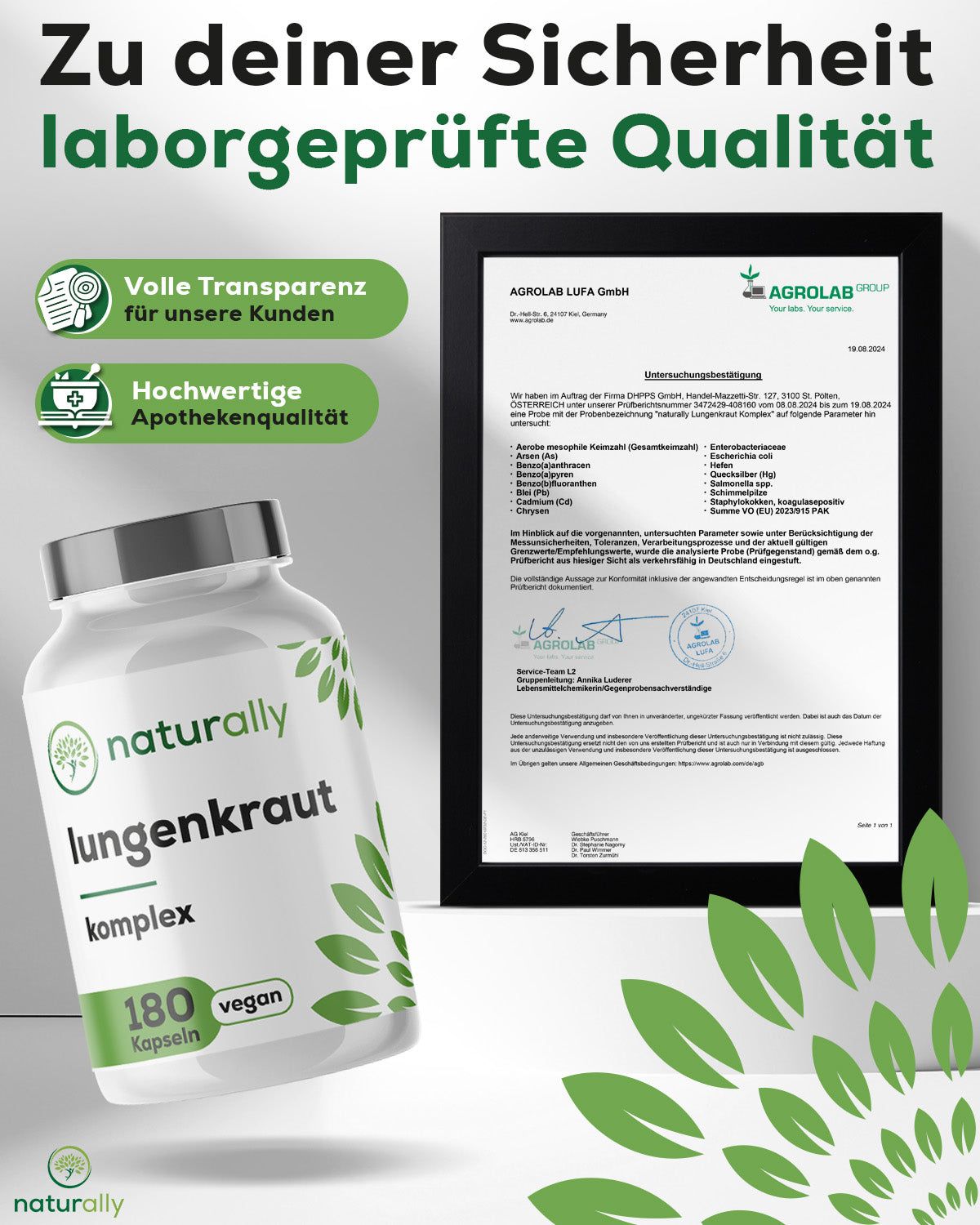 Weißes Glas mit Kapseln. Text: Lungenkraut Komplex, 180 Kapseln, vegan. Zertifikat von AGROLAB.