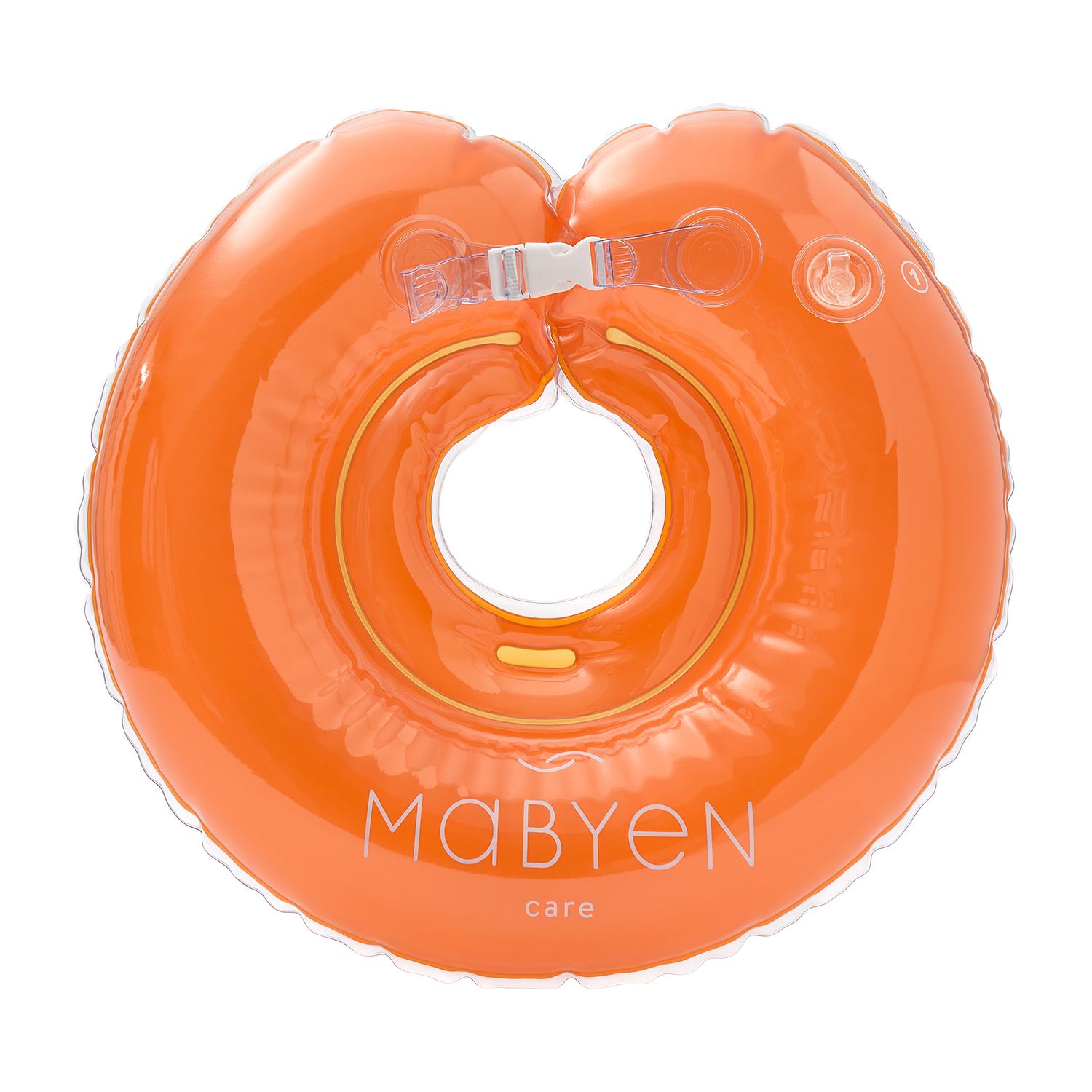 Orangefarbener Baby-Schwimmring. Ringform mit weißem Verschluss und Logo MABYEN Care.