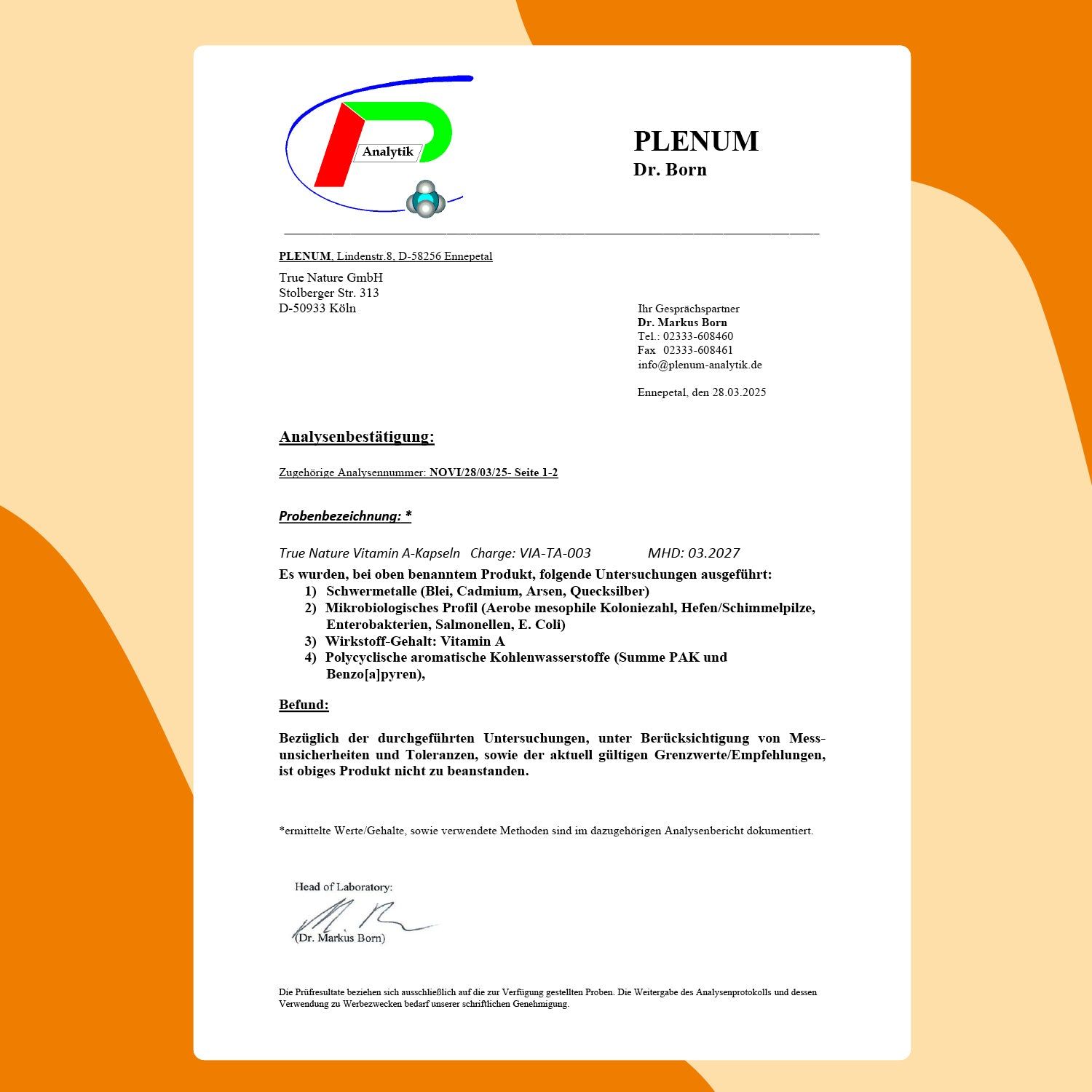 Zertifikat von Plenum Dr. Born. Analysebericht für TRUE NATURE® Vitamin A & Kapseln. Bestätigt die Qualität und Reinheit des Produkts.