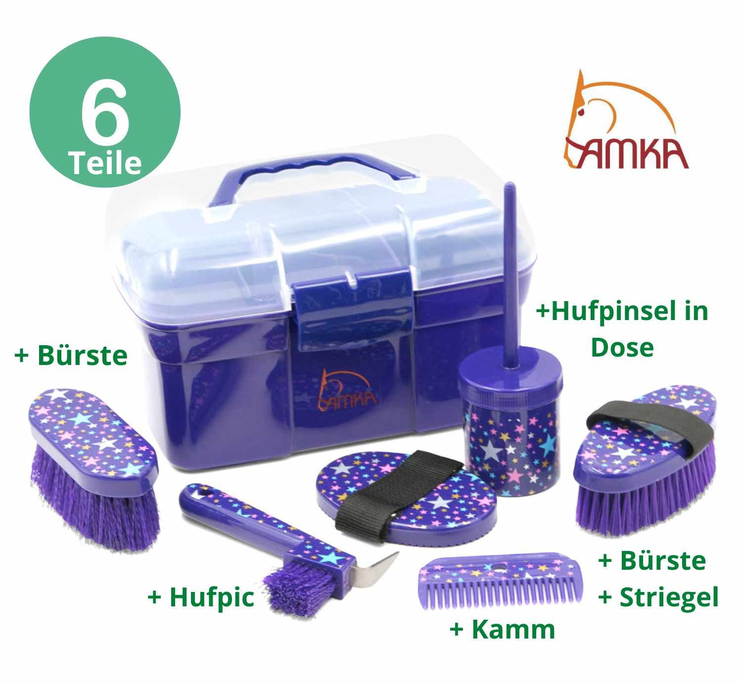Putzbox mit Zubehör. 6 Teile. Bürsten, Hufkratzer, Striegel, Kamm, Hufpinsel. AMKA Logo.