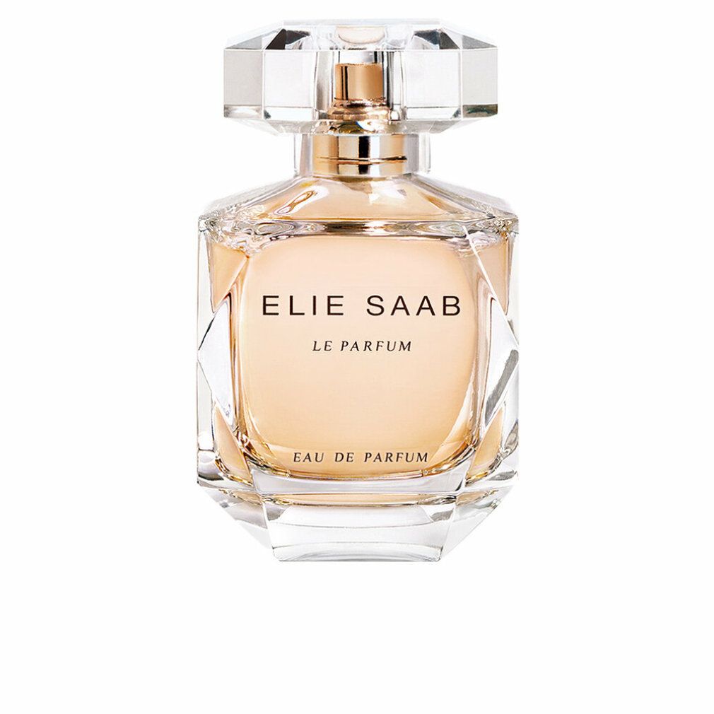 Parfümflakon mit facettiertem Deckel. Aufschrift: ELIE SAAB LE PARFUM. Glasflakon mit goldfarbenem Zerstäuber. Klarer, facettierter Deckel.