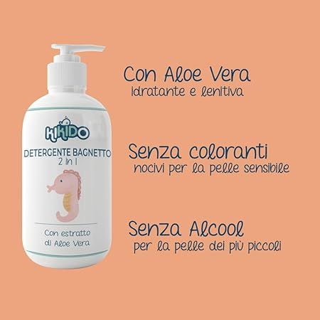 Kikido-Badegel-Flasche mit Pumpaufsatz. Aufschrift: Detergente Bagnetto 2 in 1. Mit Aloe Vera-Extrakt.