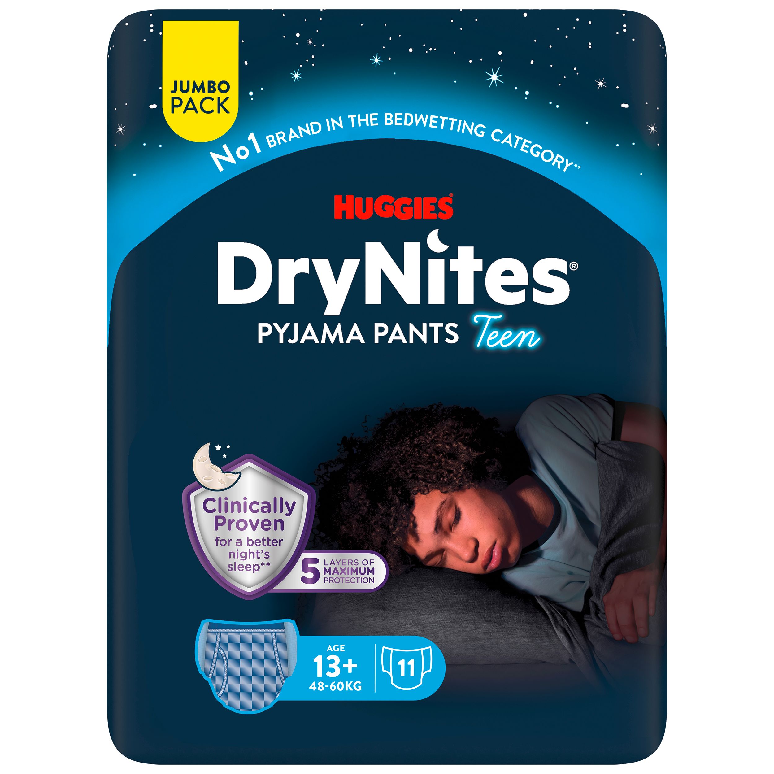Huggies DryNites Pyjama Pants Teen, blaue Verpackung. Alter 13+, 48-60kg. Jumbo Pack. Abbildung eines schlafenden Jungen.