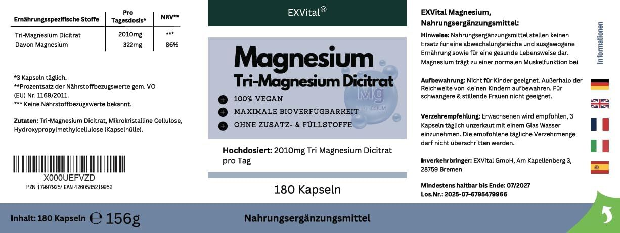 Etikett mit Nährwertangaben, Inhaltsstoffen und Einnahmeempfehlung für EXVital Magnesium.