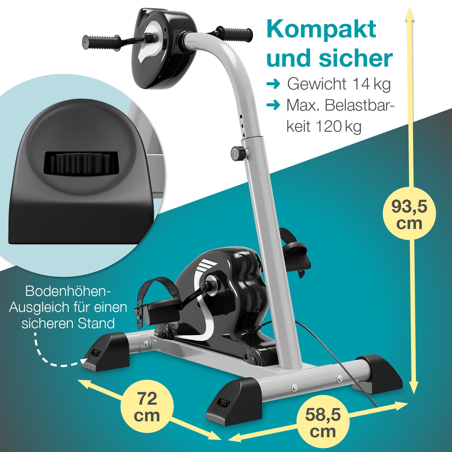 Arm- und Beintrainer mit Maßen: 72 cm x 58,5 cm x 93,5 cm. Gewicht 14 kg, max. Belastbarkeit 120 kg.