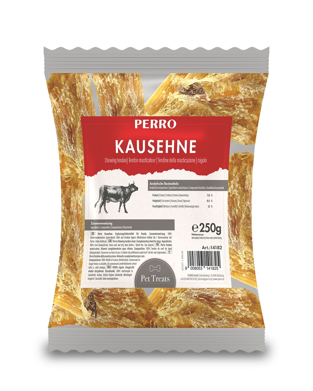 Verpackung mit Kauartikel für Hunde. Rotes Etikett mit Produktname und Kuh-Illustration. Inhalt: Sehnen, 250g.