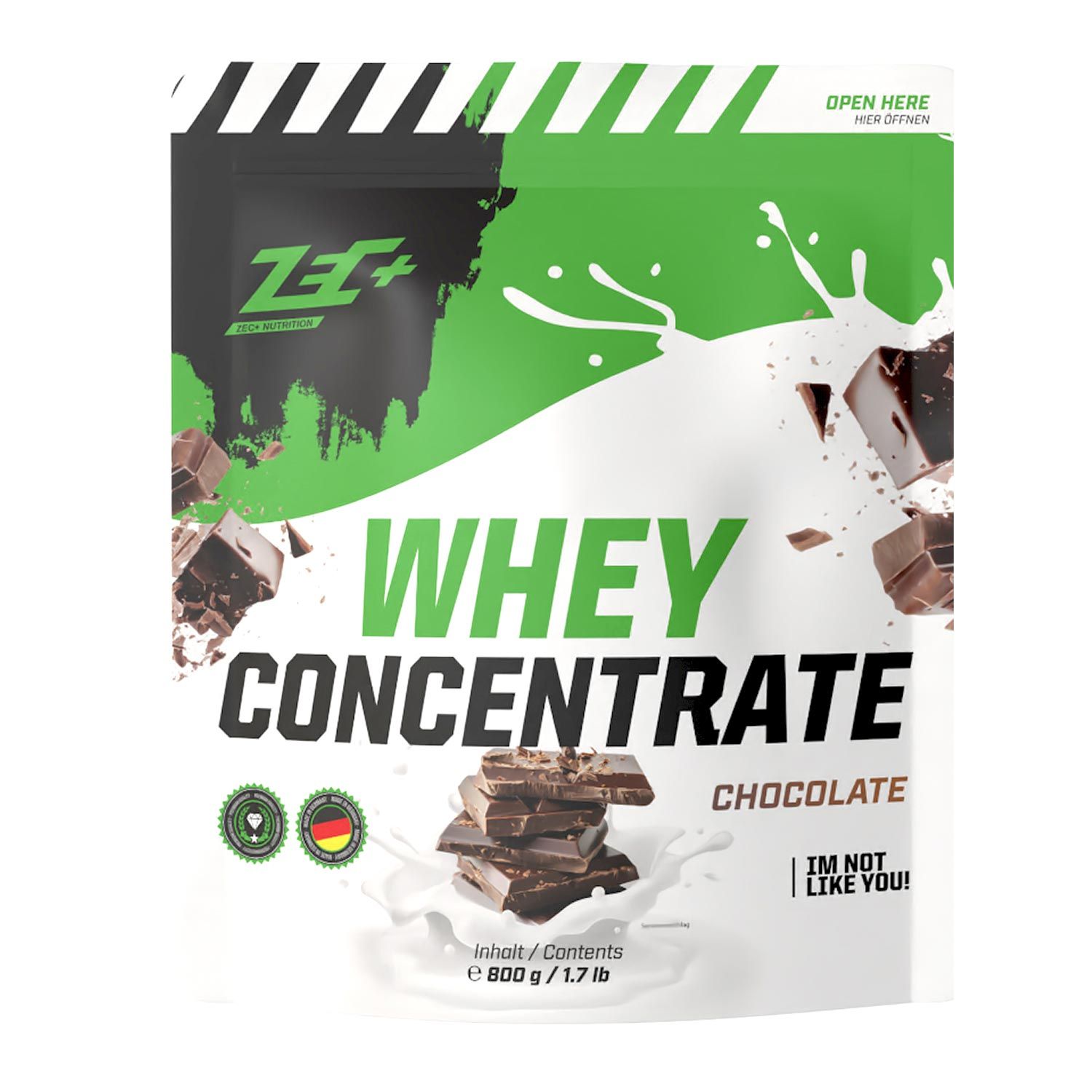 ZEC+ Whey Concentrate Schokolade. Beutel mit Produktabbildung und Text. Grün, weiß und schwarz. Mit Zertifizierungen.