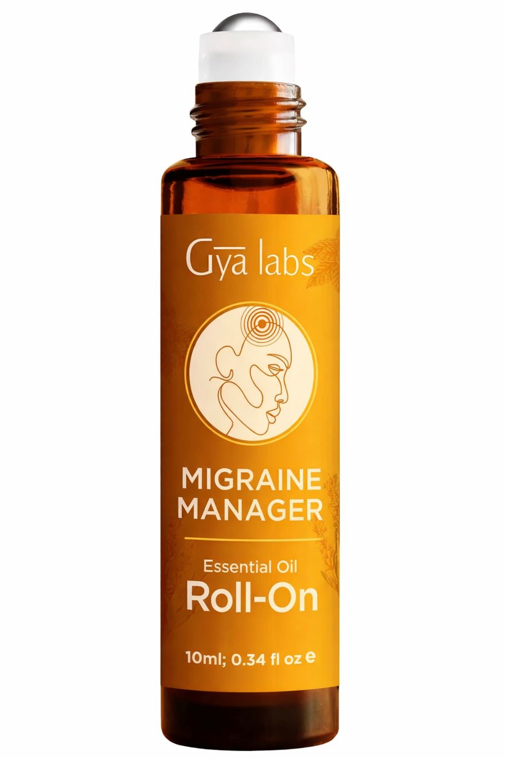 Braune Glasflasche mit Roll-on-Applikator. Aufschrift: Gya Labs, Migräne Manager, Essential Oil Roll-On, 10ml.