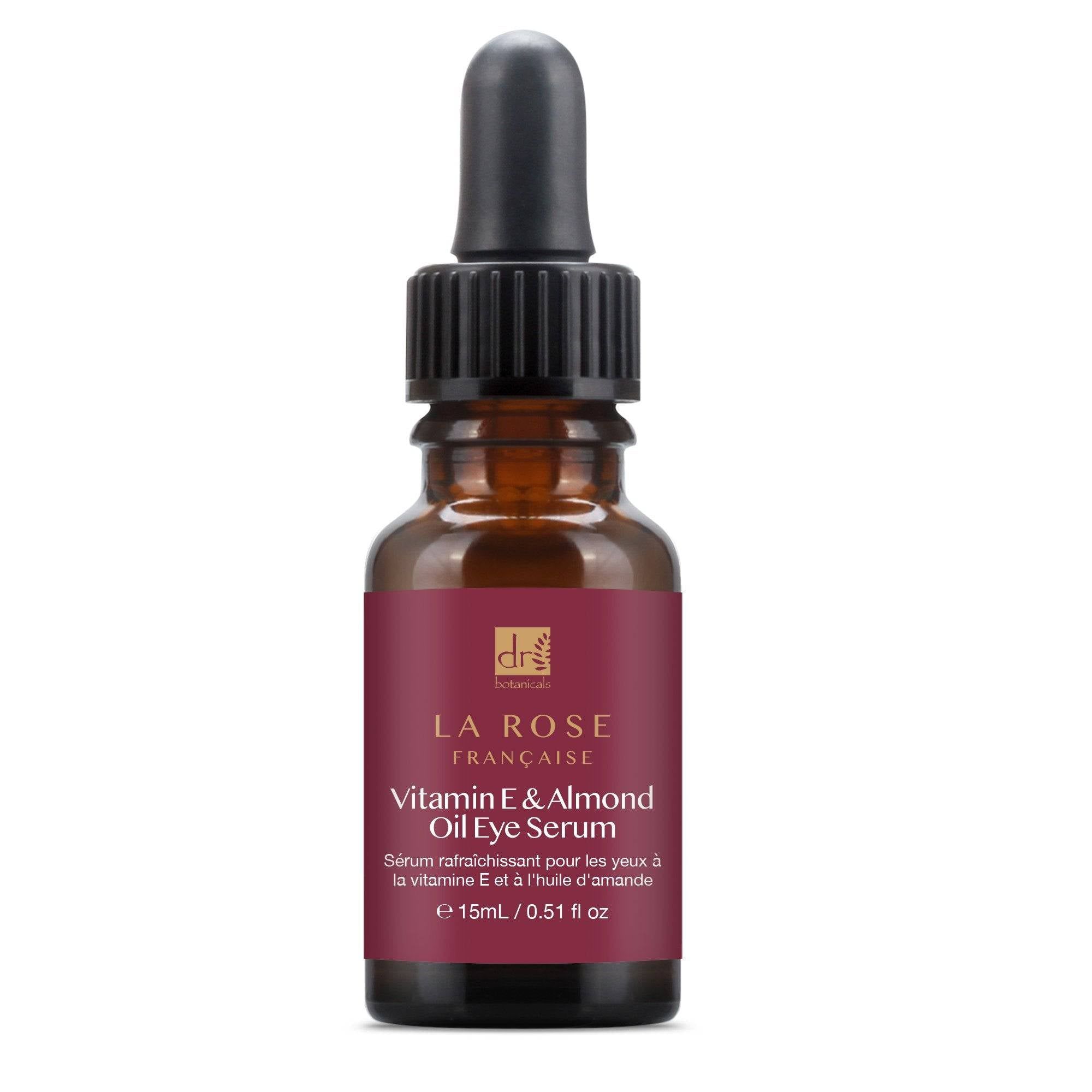 Braune Flasche mit Augenserum und Pipette. Etikett mit Produktnamen und weiteren Informationen. Schwarze Pipette.
