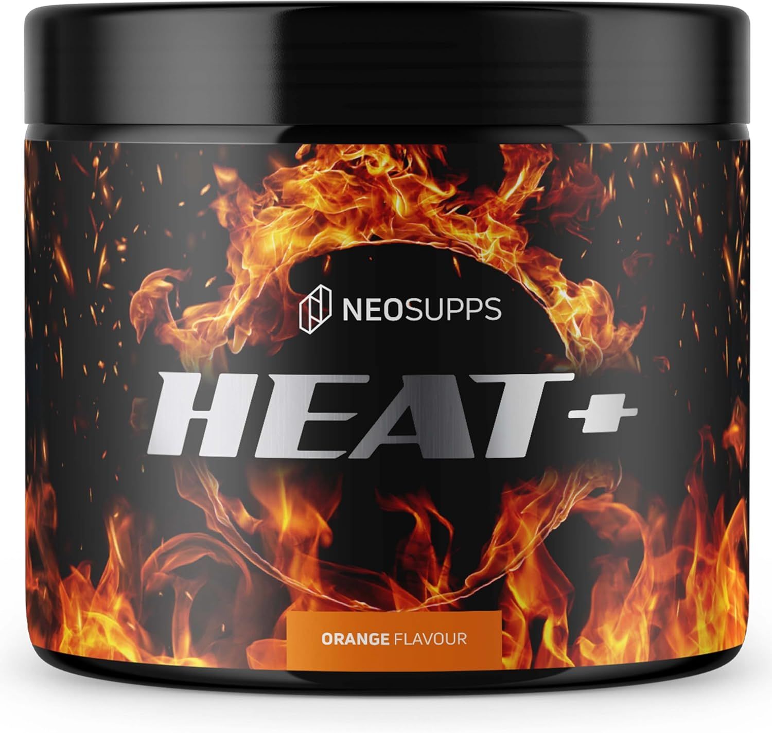 Schwarze Dose "HEAT+" mit "NEOSUPPS"-Logo. Aufschrift "ORANGE FLAVOUR".