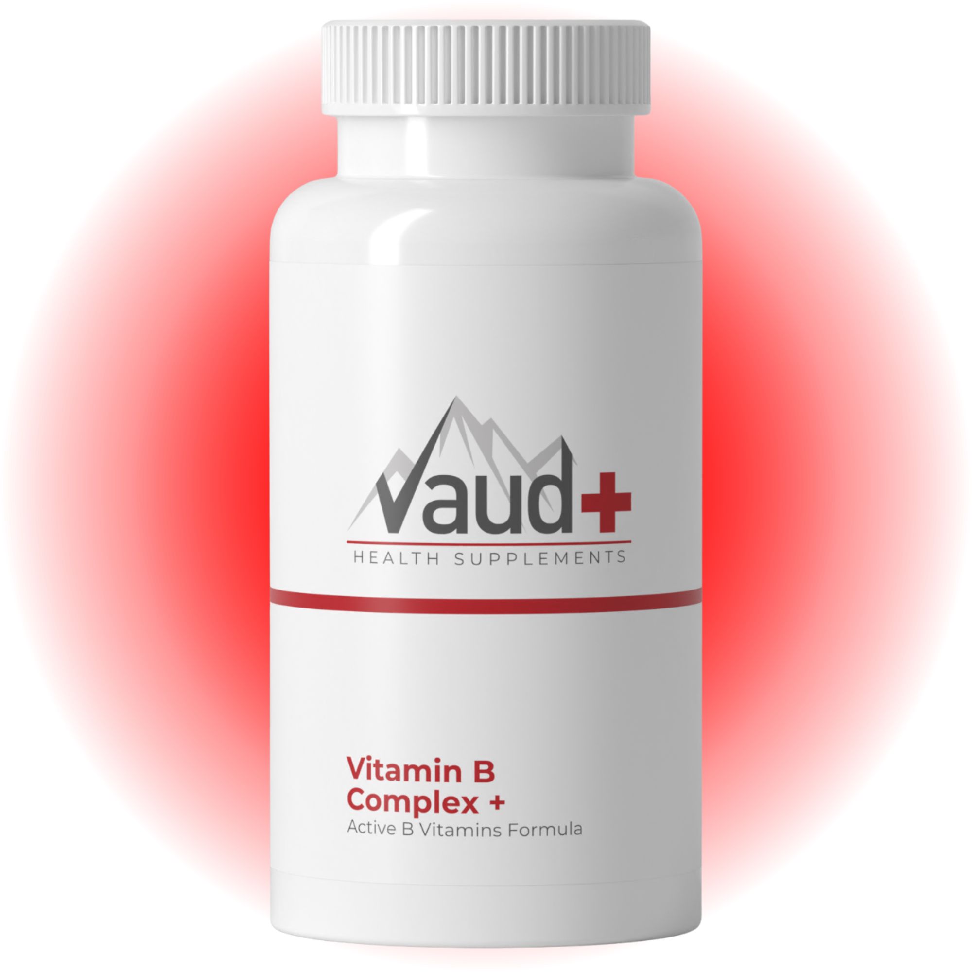Weiße Flasche mit Schraubverschluss. Aufschrift: Vaud+ HEALTH SUPPLEMENTS, Vitamin B Complex + Active B Vitamins Formula.