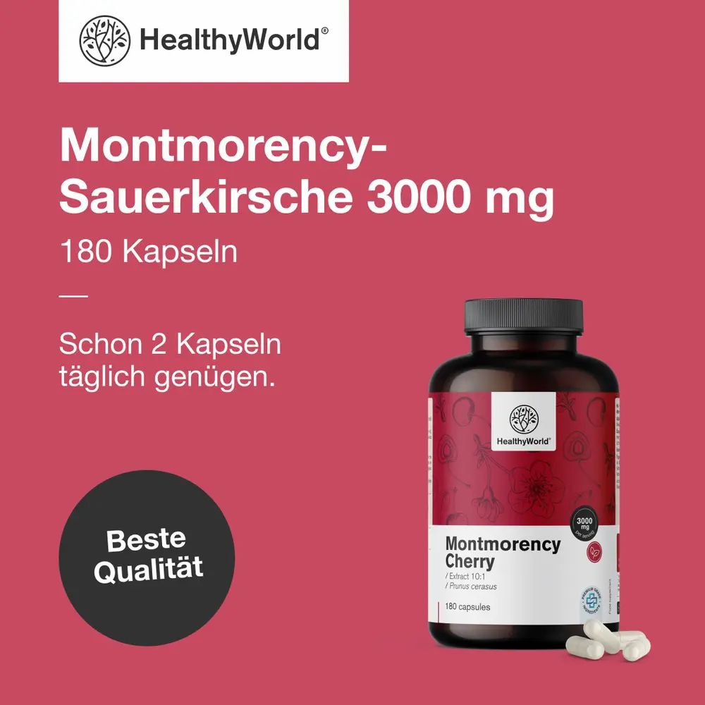 Montmorency-Sauerkirsche 3000 mg, 180 Kapseln. Produktflasche und Text "Schon 2 Kapseln täglich genügen".