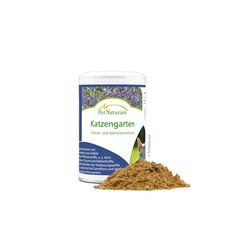 Behälter mit Produkt und Haufen Pulver. Aufschrift: Katzengarten, Kräuter- und Gemüsemischung. Marke: PerNaturam.