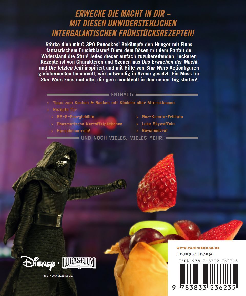 Rückseite des Kochbuchs "Das STAR WARS Kochbuch". Text und Abbildungen von Charakteren und Früchten.