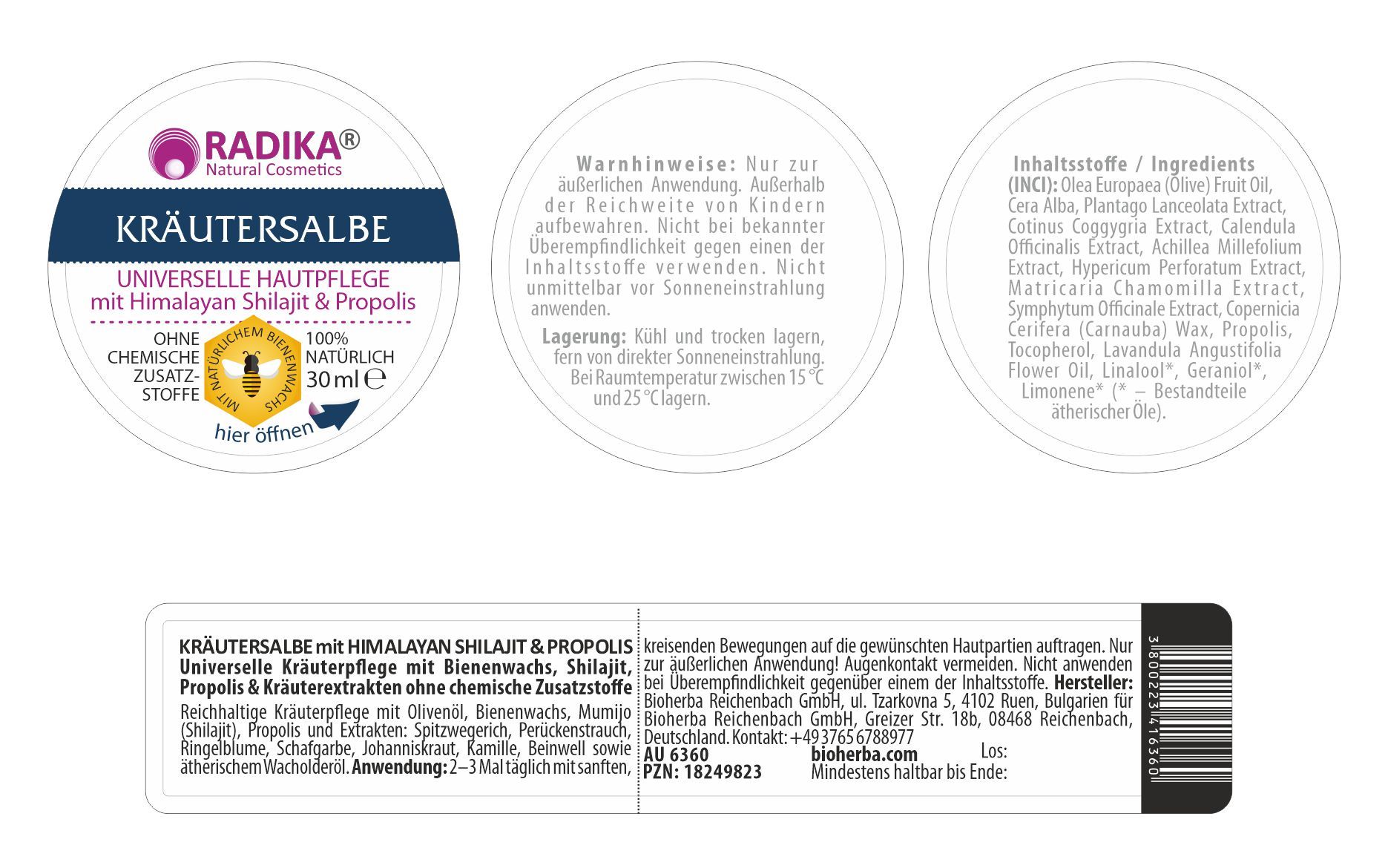 Runde Etiketten mit Text. Kräutersalbe, Inhaltsstoffe, Warnhinweise. Text: Radika, Kräutersalbe mit Himalayan Shilajit & Propolis.