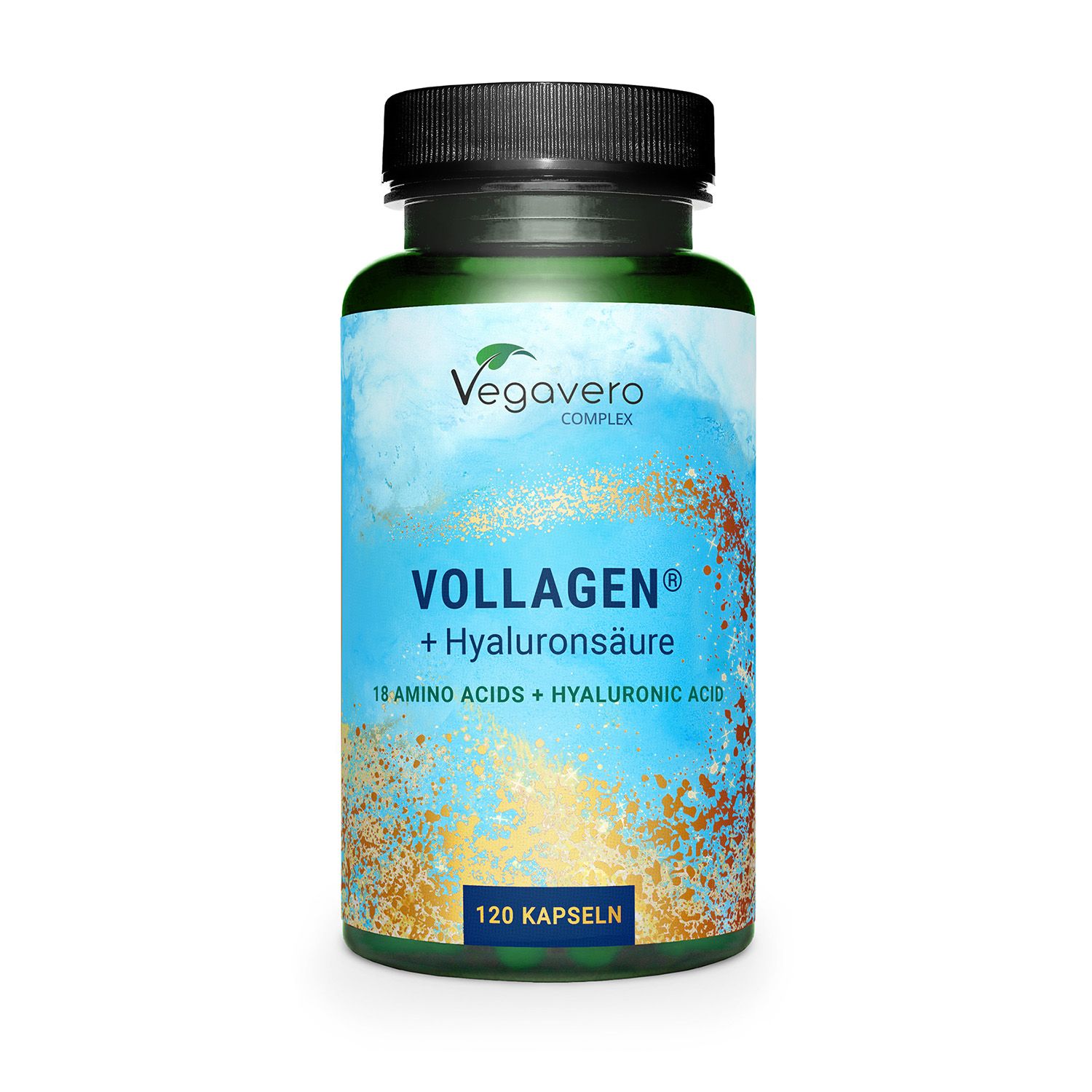 Grüne Flasche mit schwarzen Deckel. Aufschrift: VOLLAGEN + Hyaluronsäure, 18 Amino Acids + Hyaluronic Acid. 120 Kapseln.