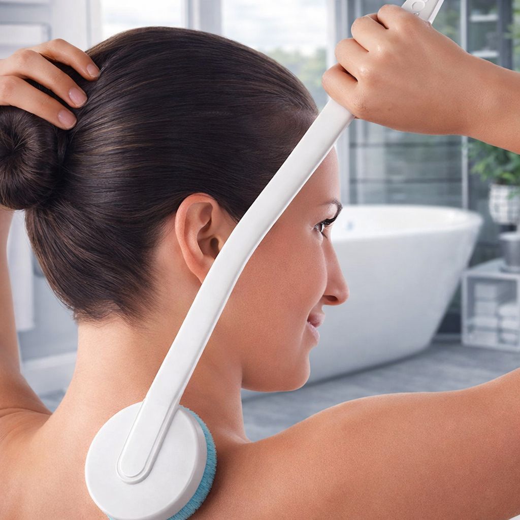 Frau benutzt einen weißen Massagehelfer auf ihrem Rücken. Der Massagekopf ist rund und hat einen blauen Rand.