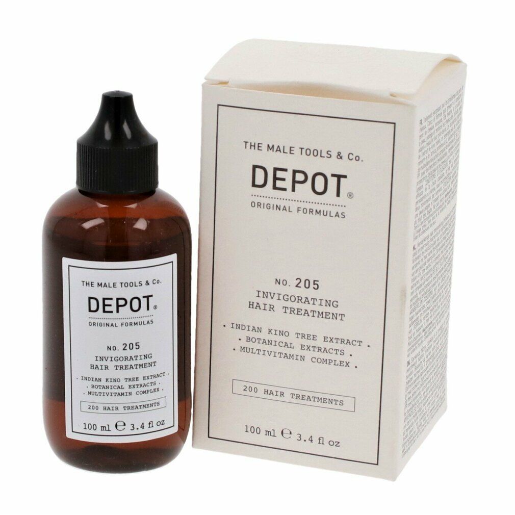 Braune Flasche und Karton. Aufschrift: DEPOT No. 205 Invigorating Hair Treatment. Enthält indischen Kino-Baum-Extrakt, botanische Extrakte und Multivitamin-Komplex.