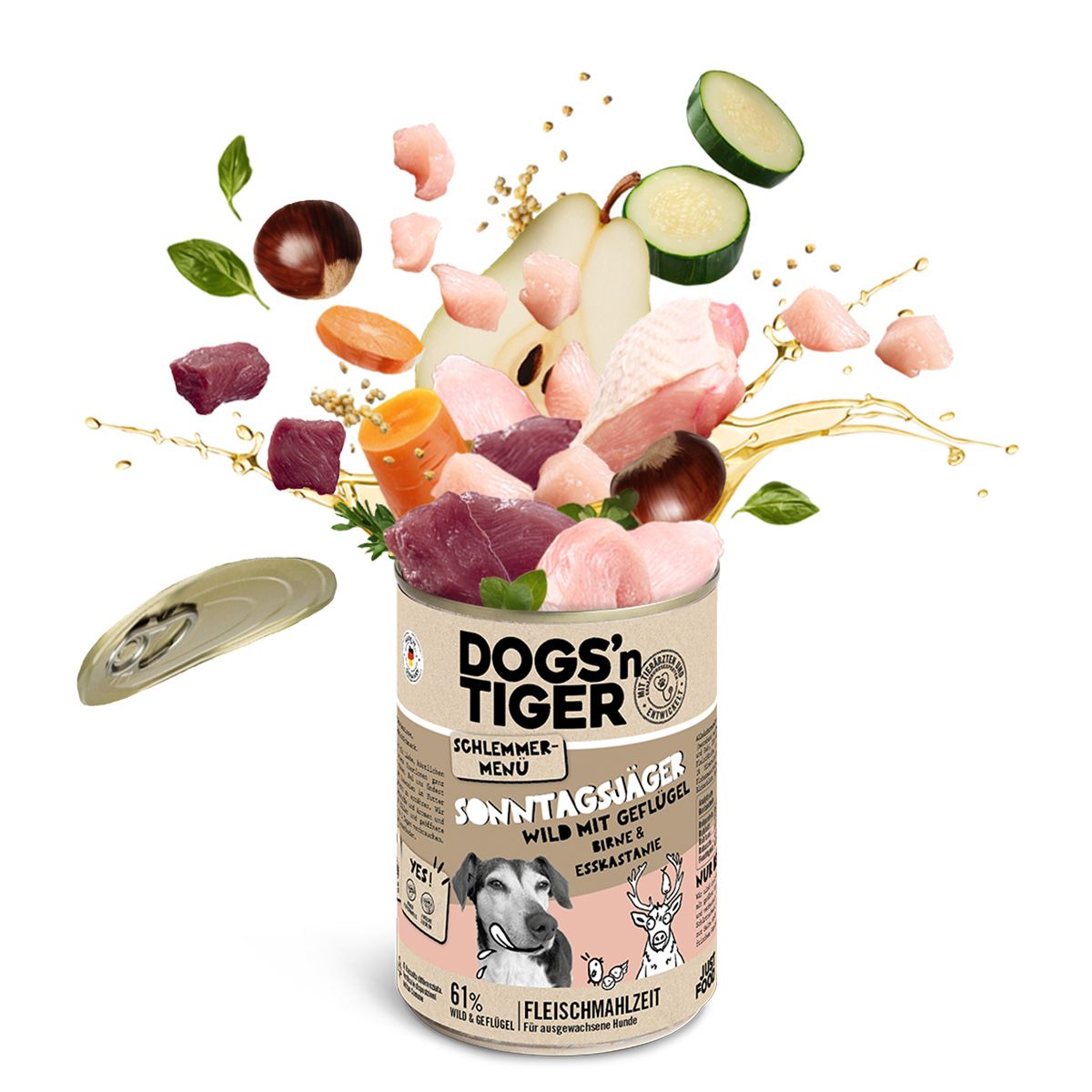 Hunde Nassfutter Dose mit Zutaten: Wild, Geflügel, Birne, Karotte, Esskastanie. Aufschrift: Dogs'n Tiger, Sonntagsjäger, Wild mit Geflügel, Birne & Esskastanie.