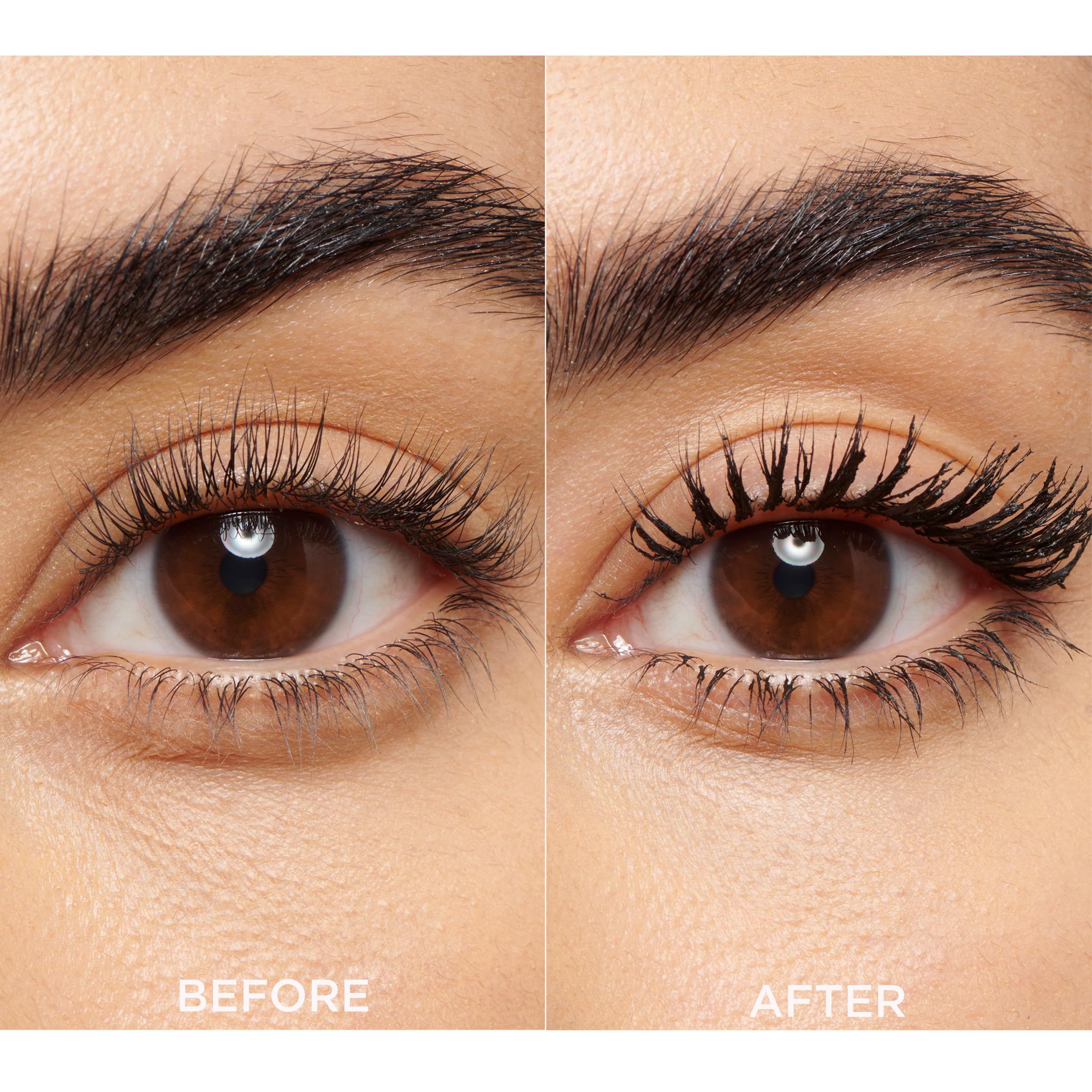 Augenpaar: Vorher-Nachher-Effekt. Wimpern vor und nach dem Auftragen von Mascara.