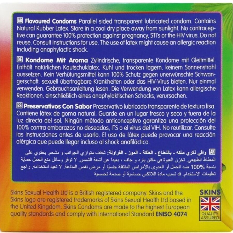Rückseite der Verpackung mit Informationen zu SKINS Flavoured Kondomen. Text in Deutsch, Englisch, Spanisch und Arabisch.