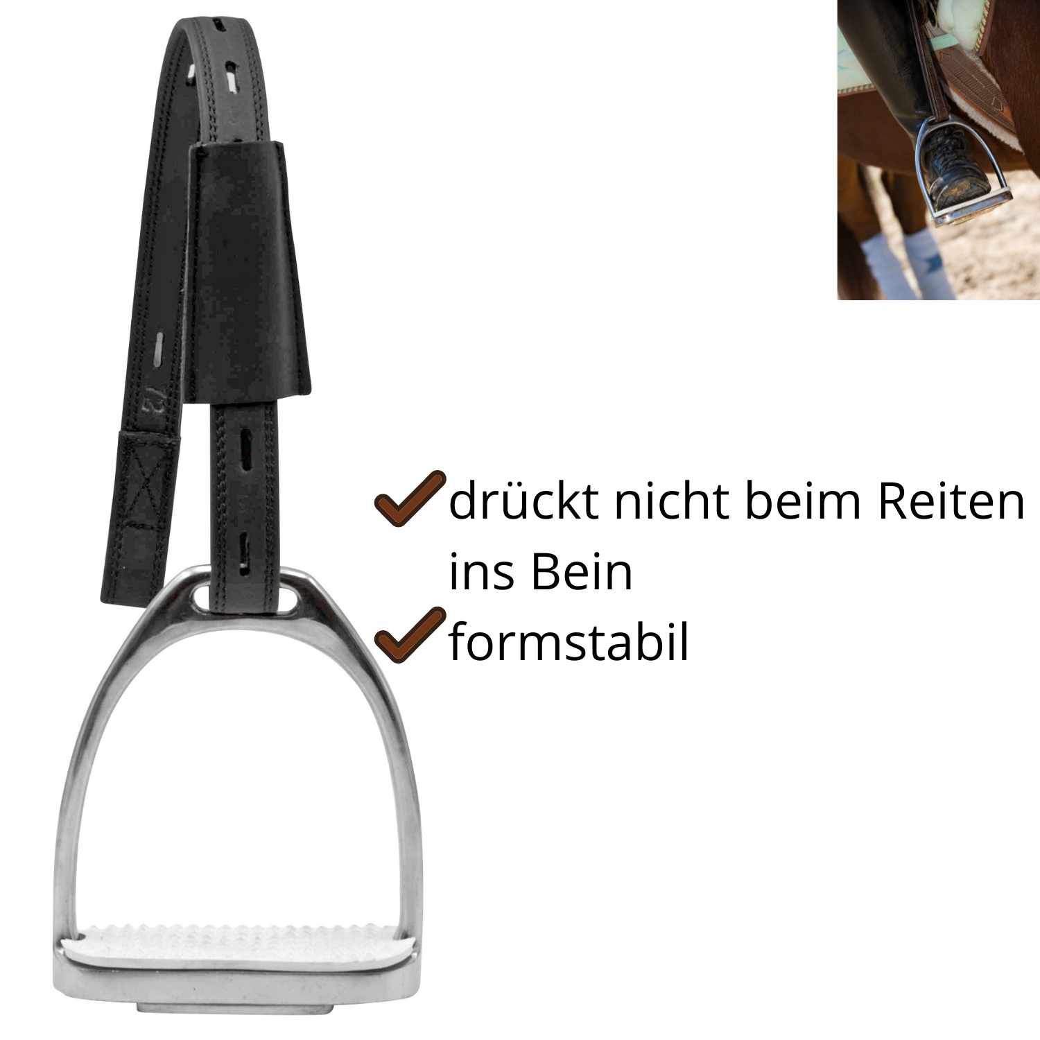Schwarze Steigbügelriemen mit Steigbügel. Text: drückt nicht beim Reiten ins Bein, formstabil.