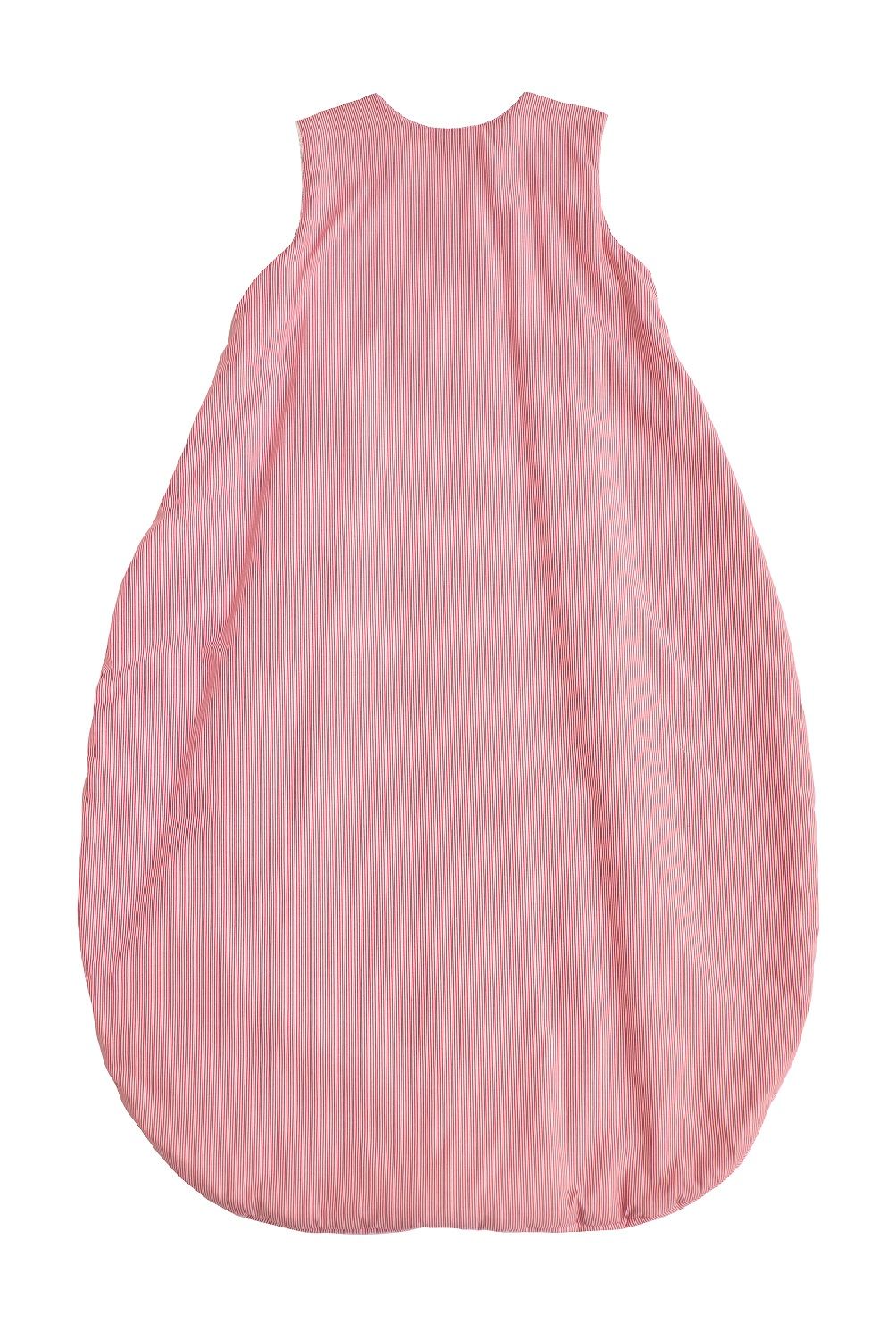 Schlafsack mit rotem Streifenmuster. Rückansicht. Ohne Ärmel. Marke Tavolinchen.