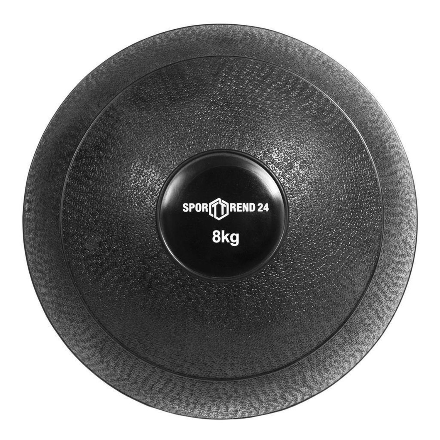 Schwarzer Slamball mit geriffelter Oberfläche. Aufschrift: Sporttrend 24, 8kg.