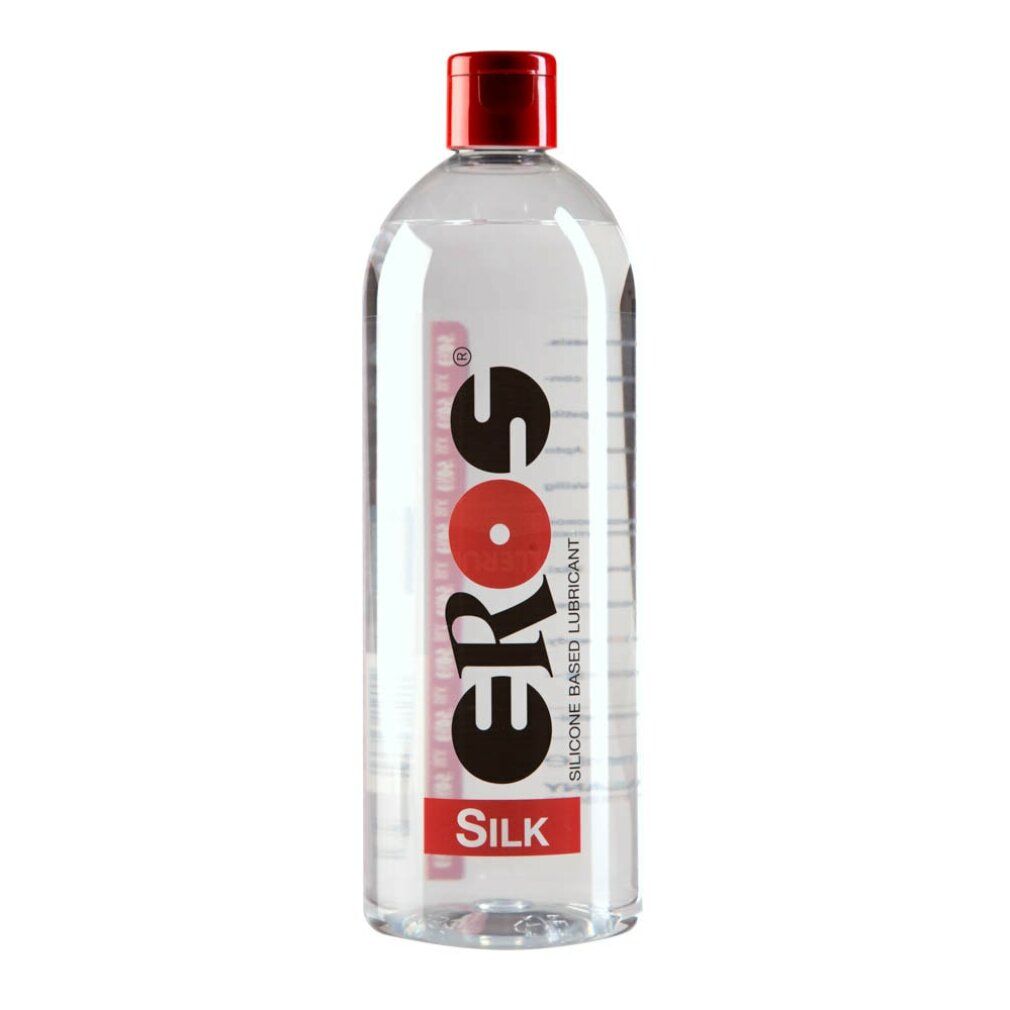 Transparente Flasche mit rotem Deckel. Aufdruck: EROS, SILK. Text: SILICONE BASED LUBRICANT.