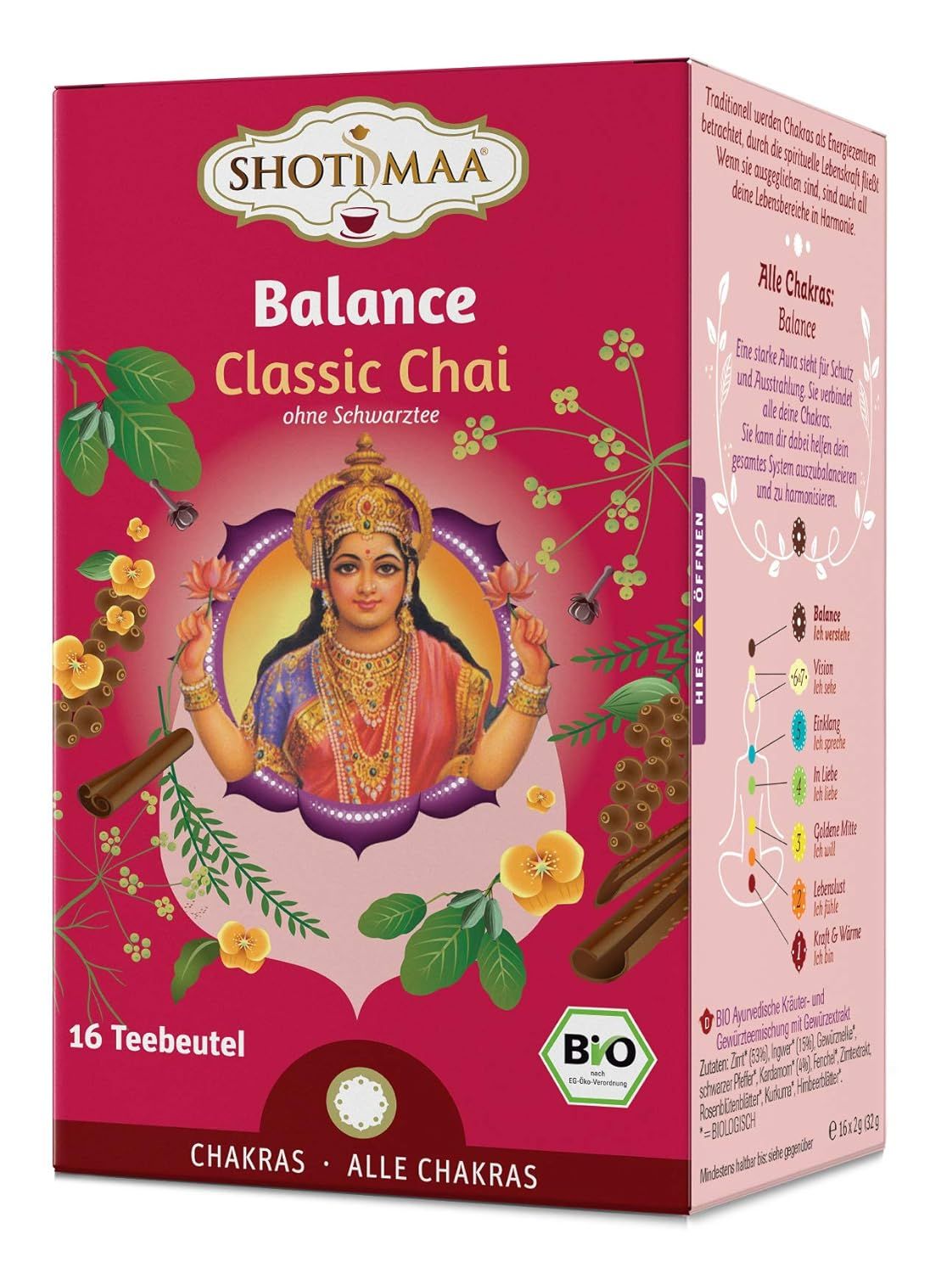 Shoti Maa Balance Classic Chai ohne Schwarztee. 16 Teebeutel. Bio-Siegel und Chakren-Darstellung.
