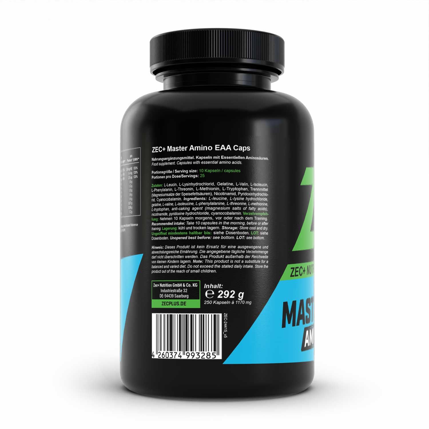 Rückseite einer schwarzen Flasche. Aufschrift: ZEC+ Master Amino EAA Caps. Mit Inhaltsangaben und Barcode.