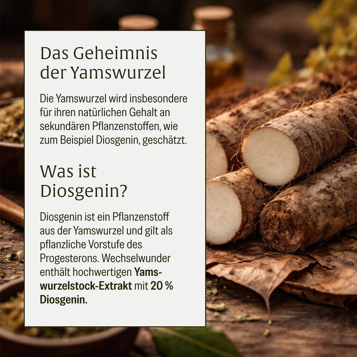 Flasche Wechselwunder mit Yamswurzel-Extrakt, umgeben von Kräutern und Wurzeln.