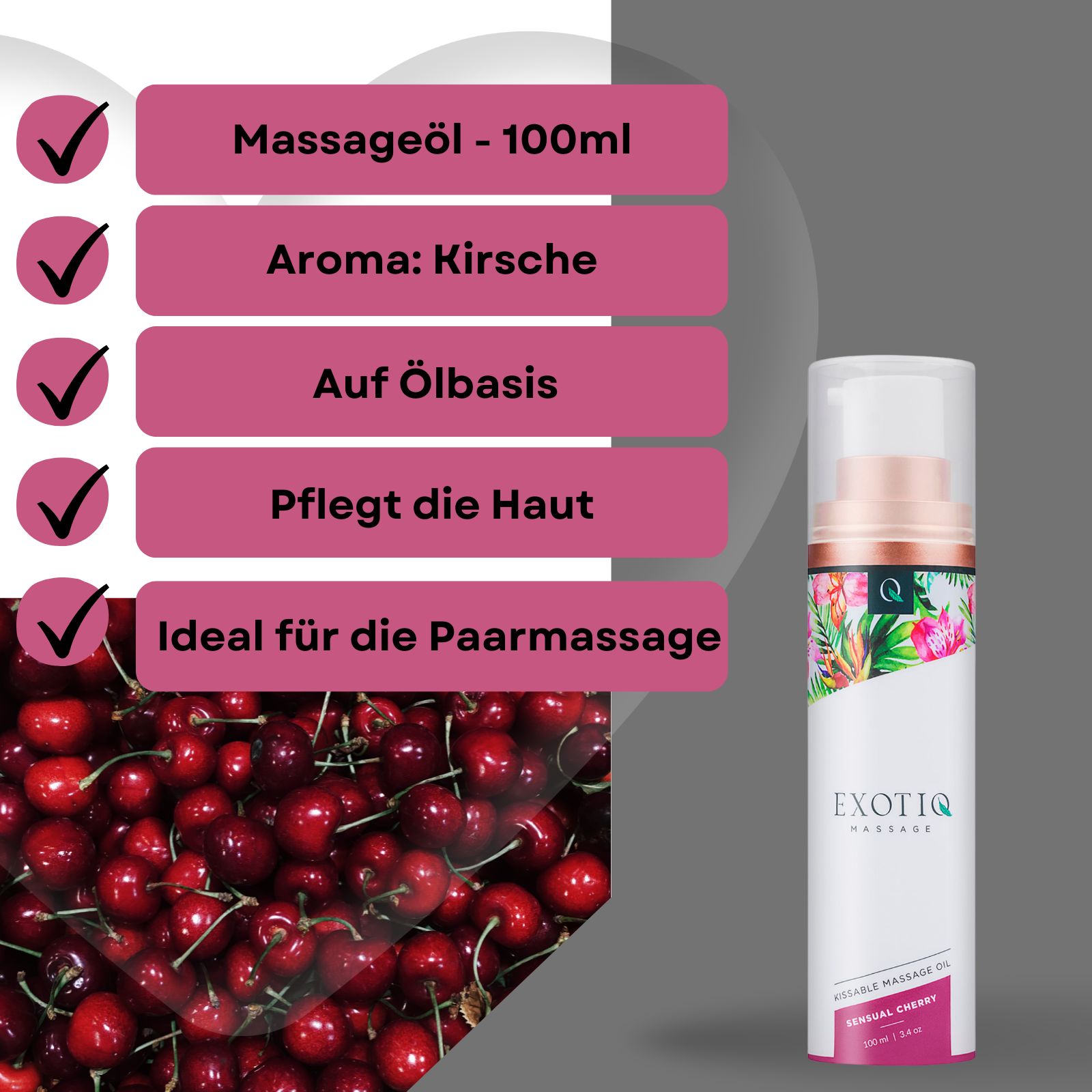 Produktpräsentation mit Kirschen und Massageöl-Flasche. Aufschrift: Massageöl - 100ml, Aroma: Kirsche, Auf Ölbasis, Pflegt die Haut, Ideal für die Paarmassage.